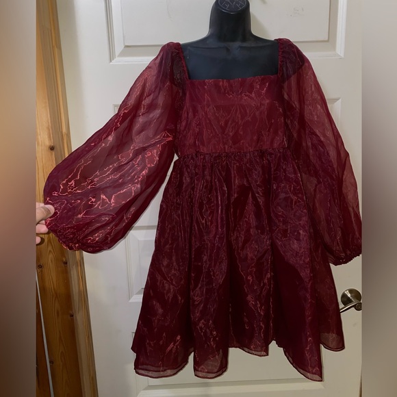 Altar'd State Women's Maroon Liz Babydoll Puff Sleeve Dress Size Large NWOT. - Picture 10 of 10